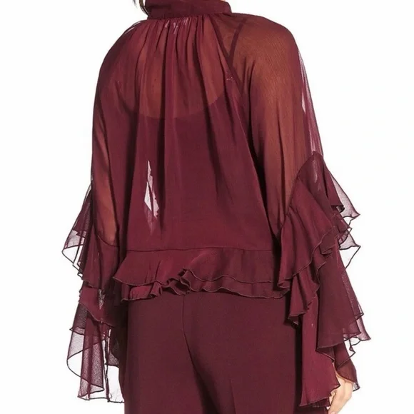 Lucy Paris Burgundy Kyle V-Neck Long Sleeve Chiffon Ruffle Top - Picture 5 of 6